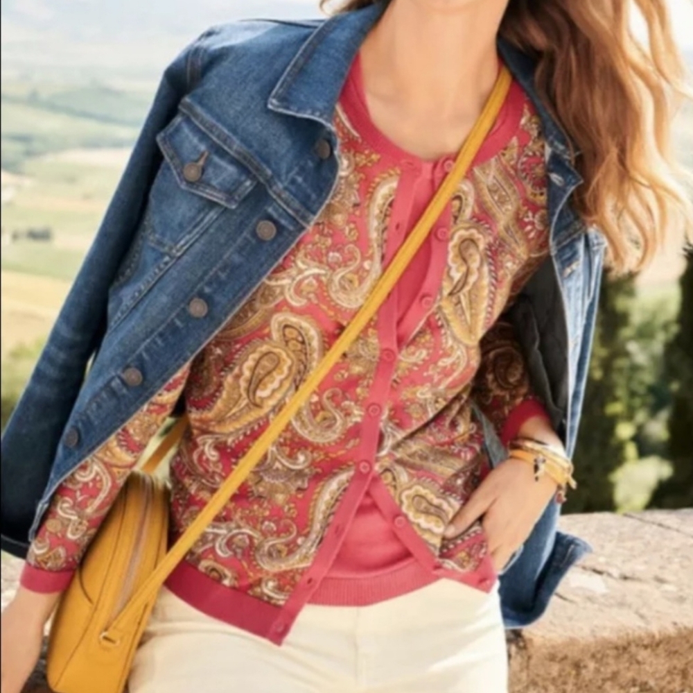 TALBOTS CHARMING CARDIGAN - ENGLISH PAISLEY PINK MULTICOLOR Size Small